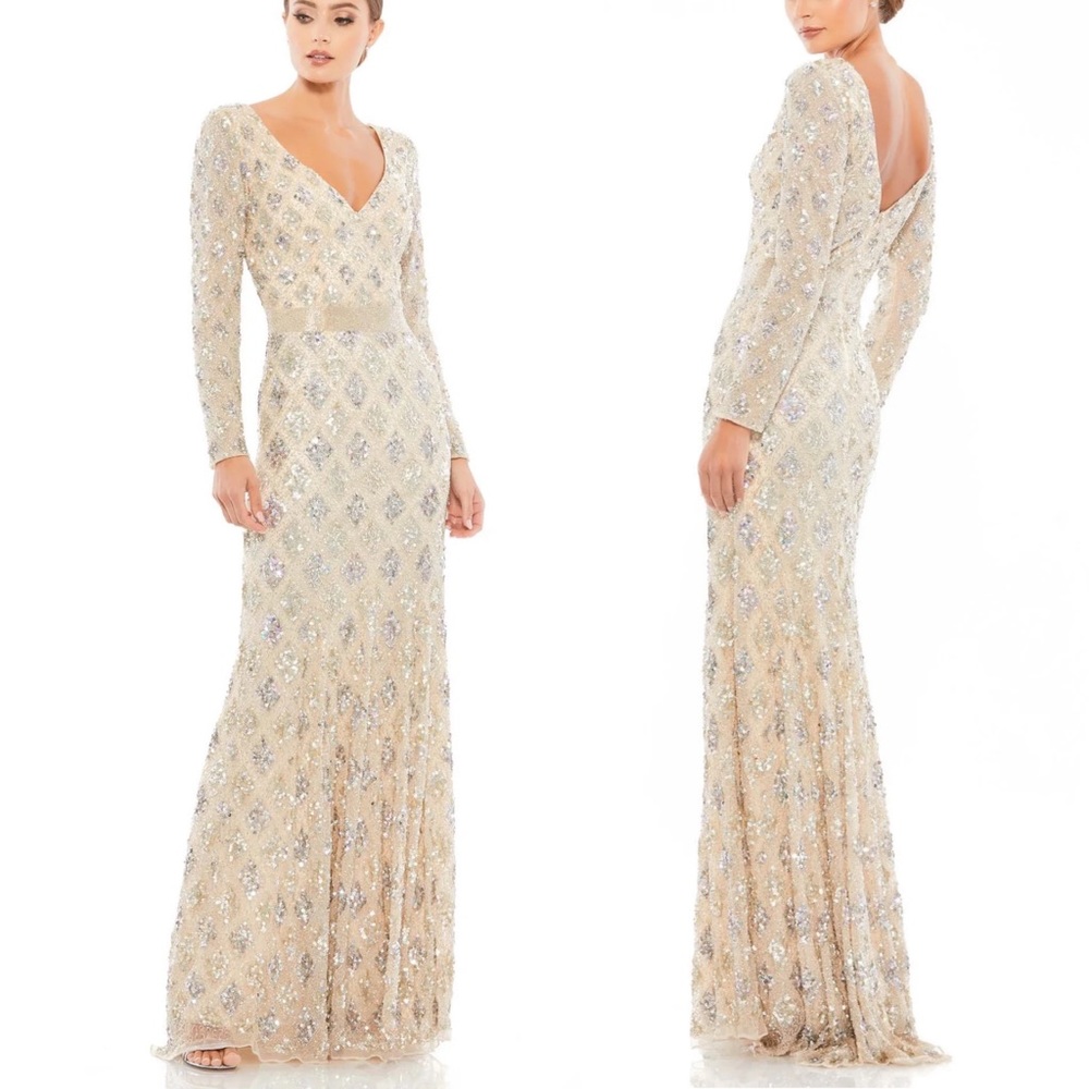 Mac Duggal Cream and Silver Sequin Wedding Dress